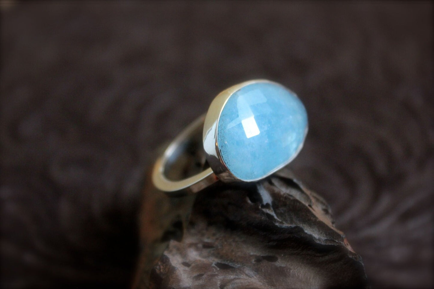 Aquamarine Stone set in Sterling Silver-Ring Size 9