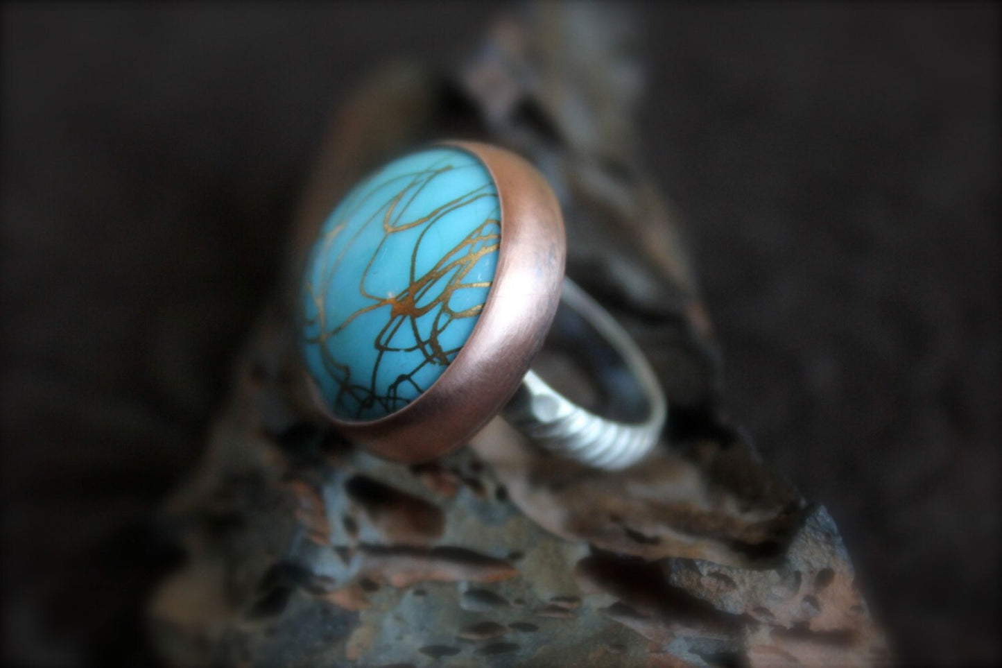 Vintage Blue Bead set in Copper and Sterling-Ring Size 7