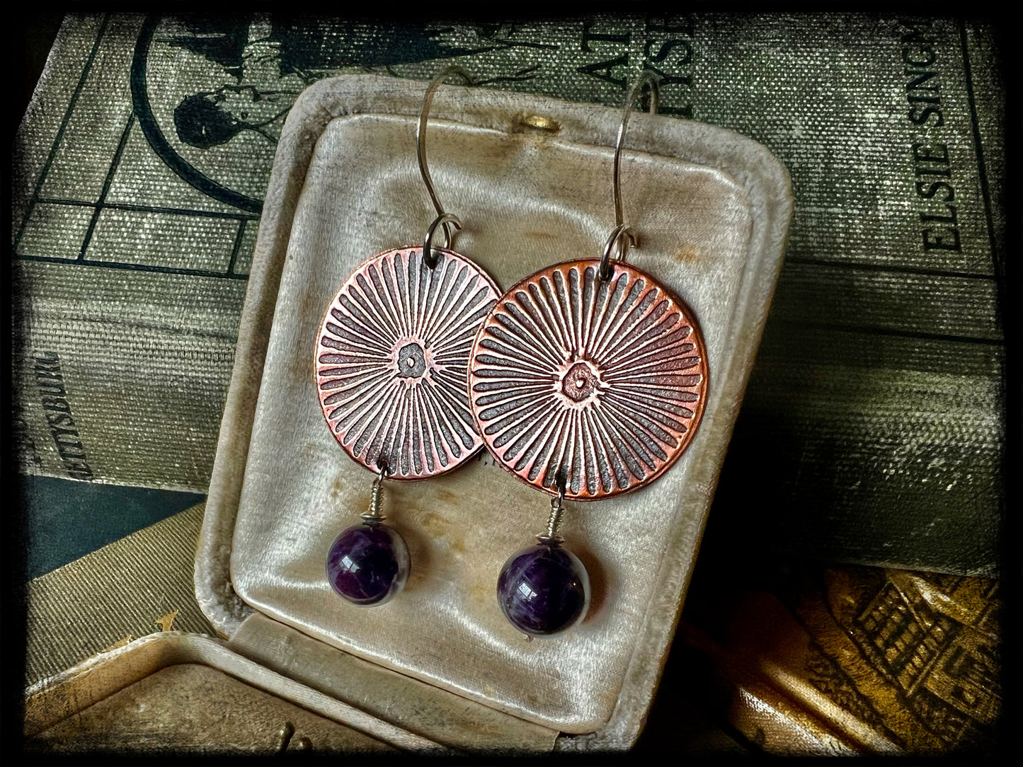 Copper Embossed Earrings with Amethyst Beads