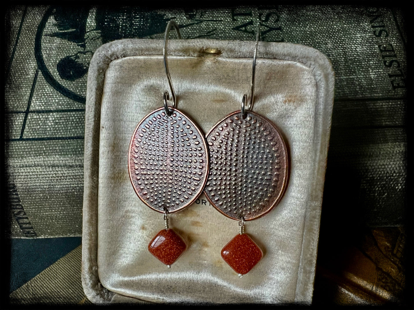 Copper Embossed Earrings with Gold Stone Beads