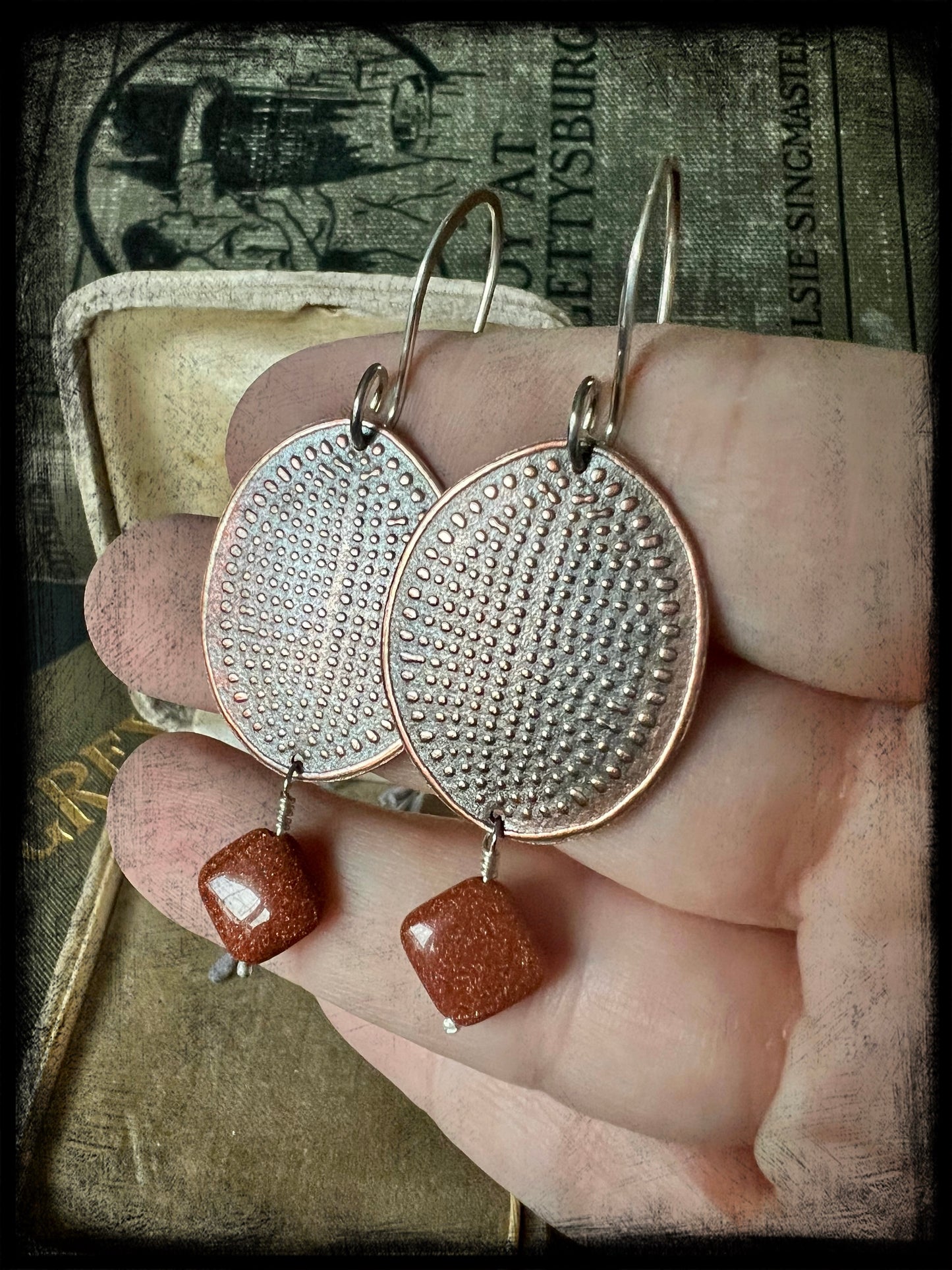 Copper Embossed Earrings with Gold Stone Beads