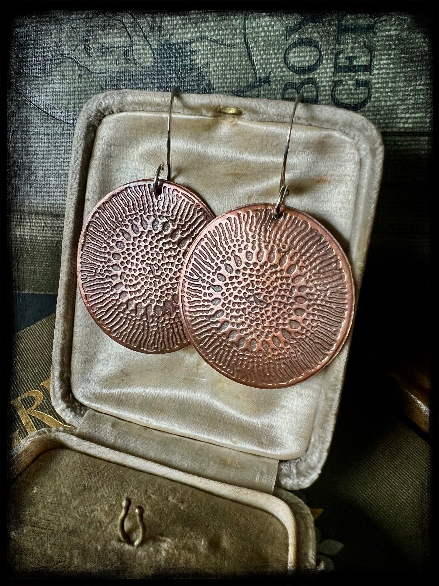Copper Embossed Earrings with Sterling Silver Hooks