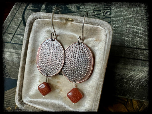 Copper Embossed Earrings with Gold Stone Beads