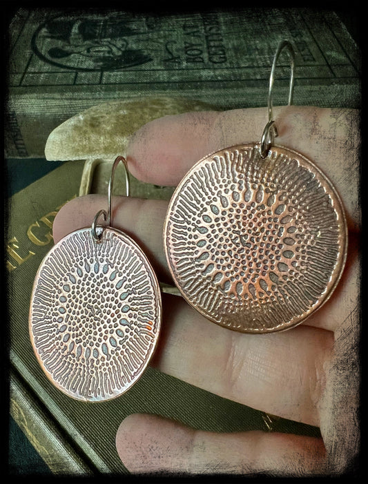 Copper Embossed Earrings with Sterling Silver Hooks