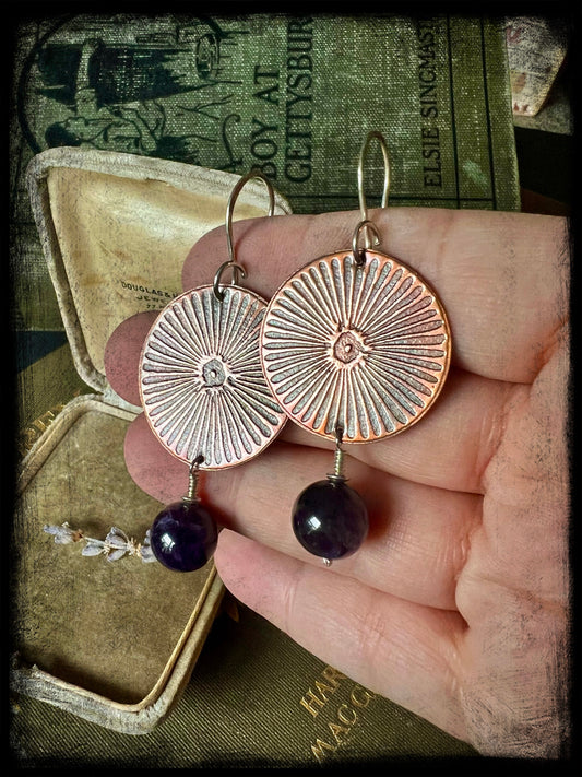 Copper Embossed Earrings with Amethyst Beads