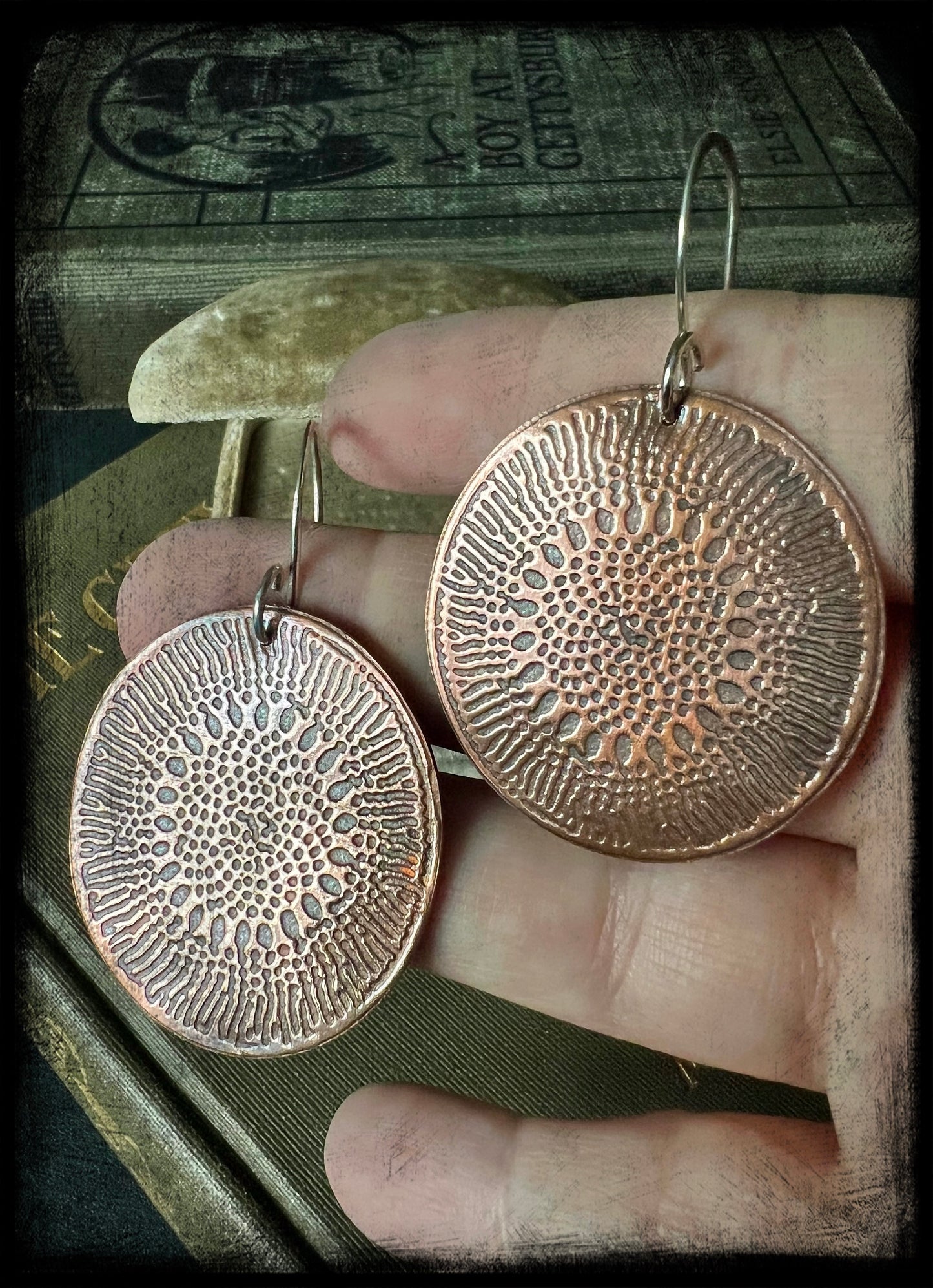 Copper Embossed Earrings with Sterling Silver Hooks