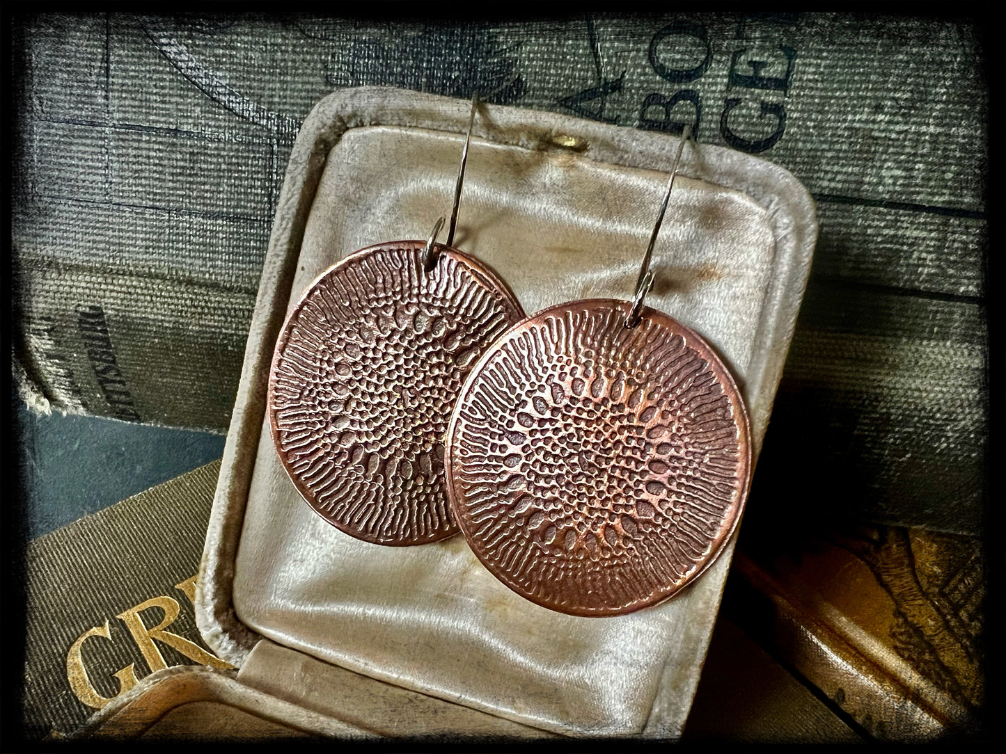 Copper Embossed Earrings with Sterling Silver Hooks