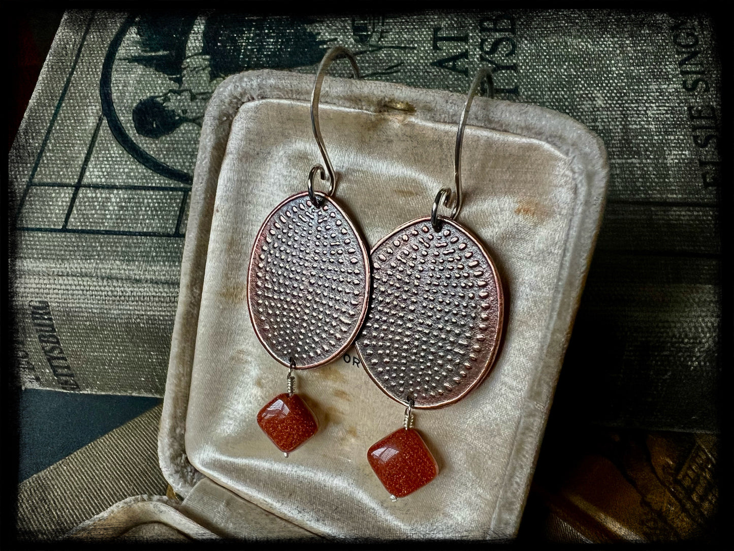 Copper Embossed Earrings with Gold Stone Beads