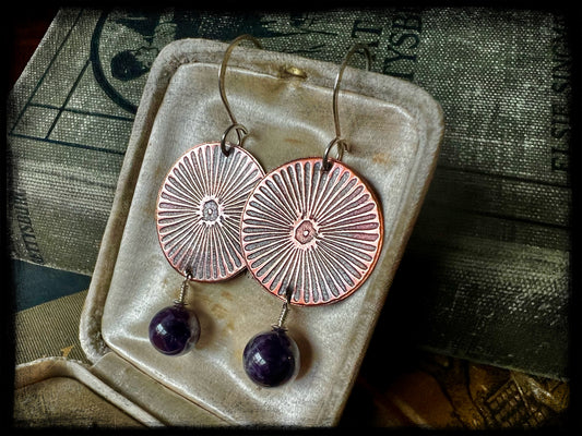 Copper Embossed Earrings with Amethyst Beads
