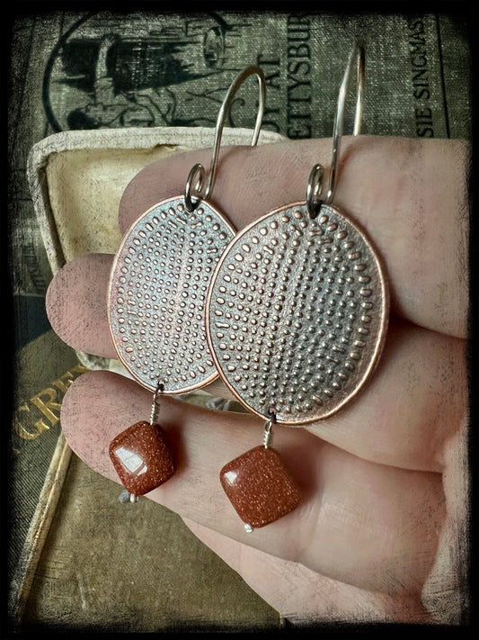 Copper Embossed Earrings with Gold Stone Beads