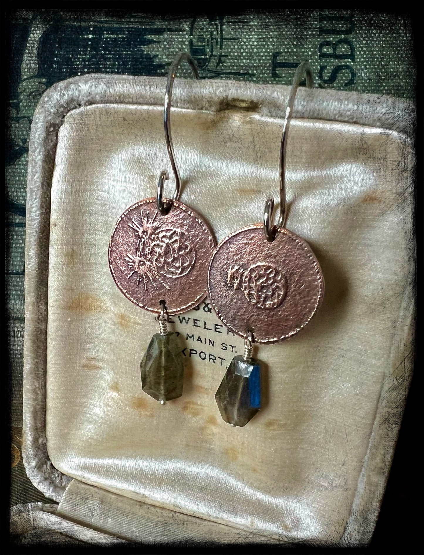 Copper Embossed Earrings with Labradorite Bead