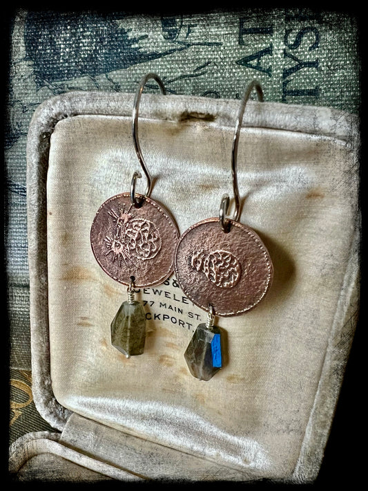 Copper Embossed Earrings with Labradorite Bead