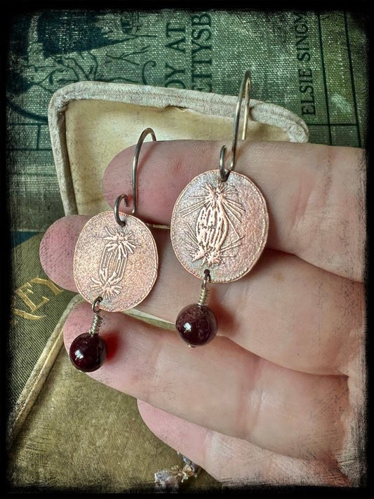 Copper Embossed Earrings with Garnet Beads