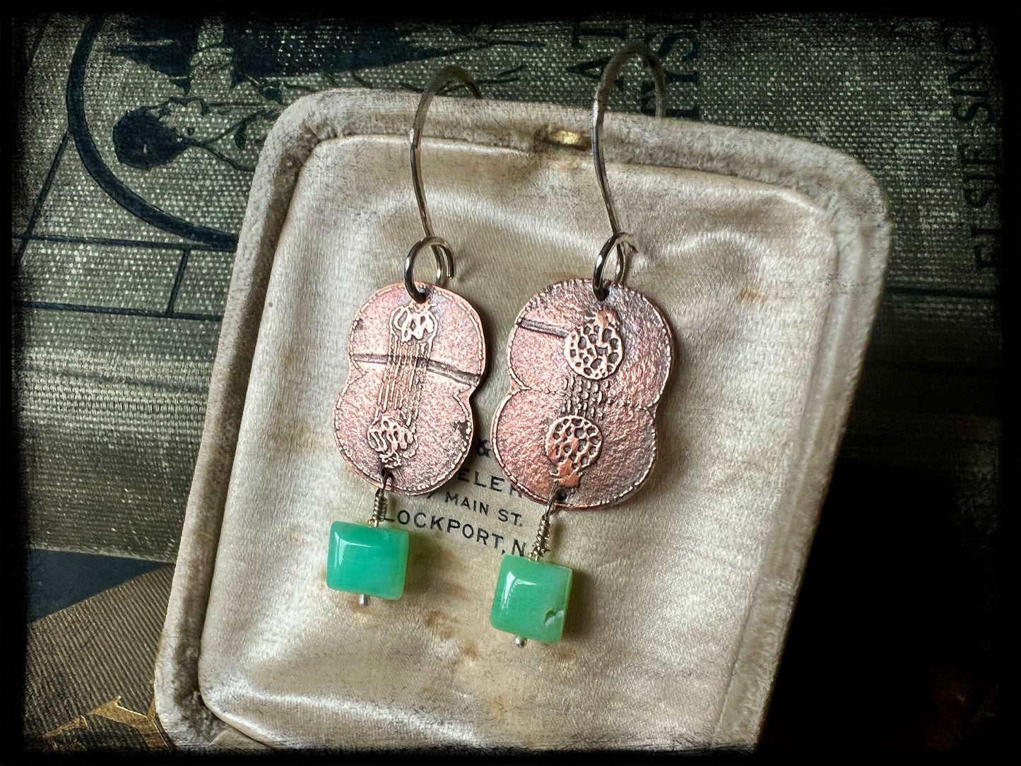 Copper Embossed Earrings with Chrysoprase Bead