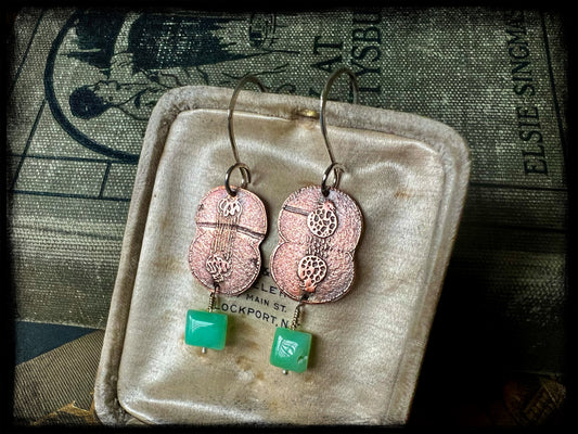 Copper Embossed Earrings with Chrysoprase Bead