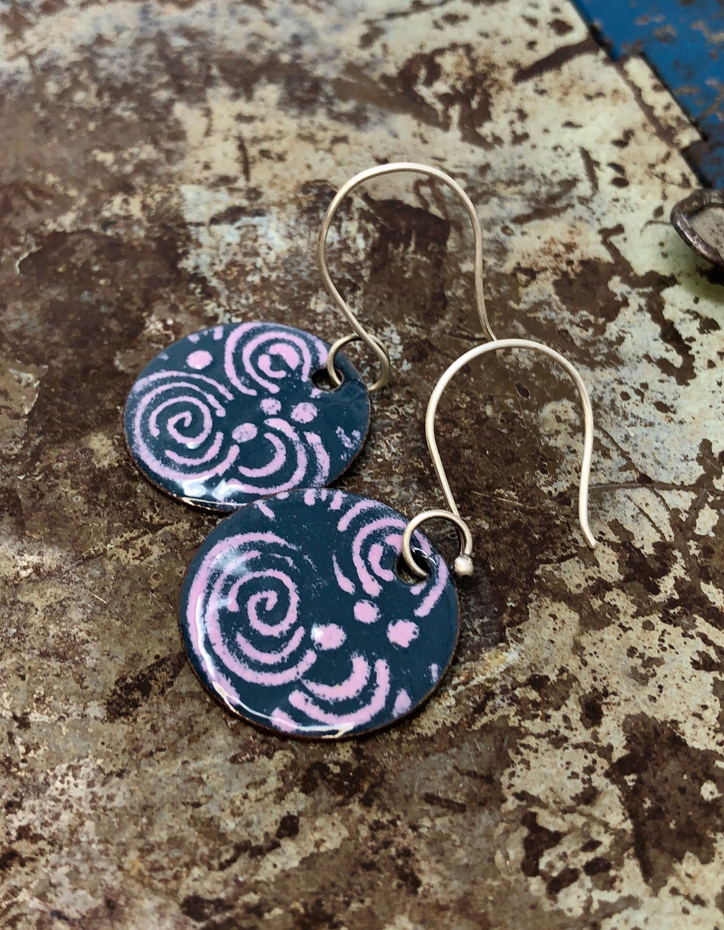 Peacock Blue and Pink Swirl Enameled Coin Earrings