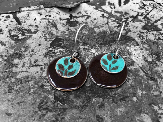 Turquoise and Brown Enameled Coin Earrings