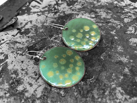 Green/Yellow Polka Dot Enameled Coin Earrings