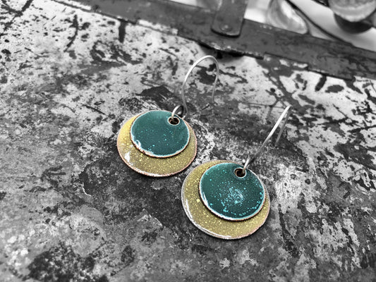 Green and Yellow Enameled Coin Earrings