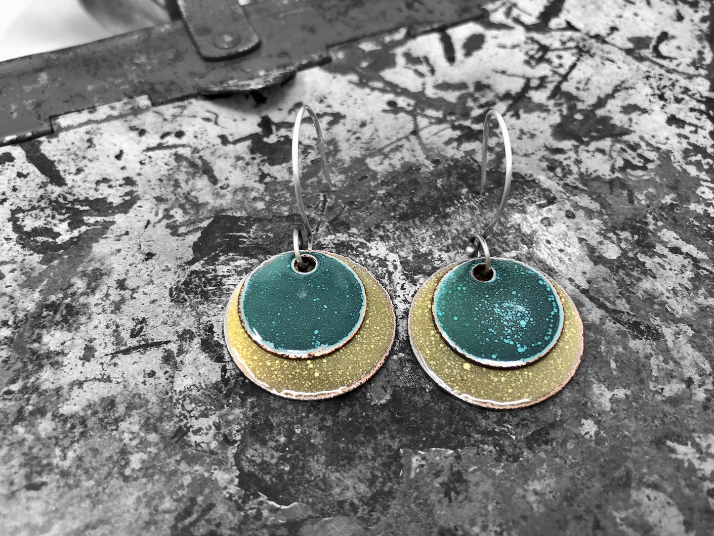 Green and Yellow Enameled Coin Earrings