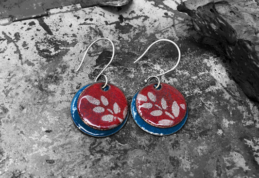 Red and Blue Enameled Fern Design Coin Earrings