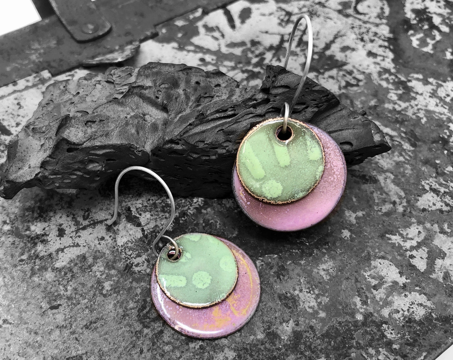Pink and Sage Enameled Coin Earrings