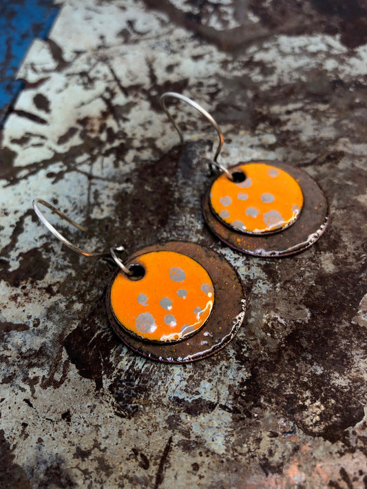 Brown and Orange Enameled Coin Earrings