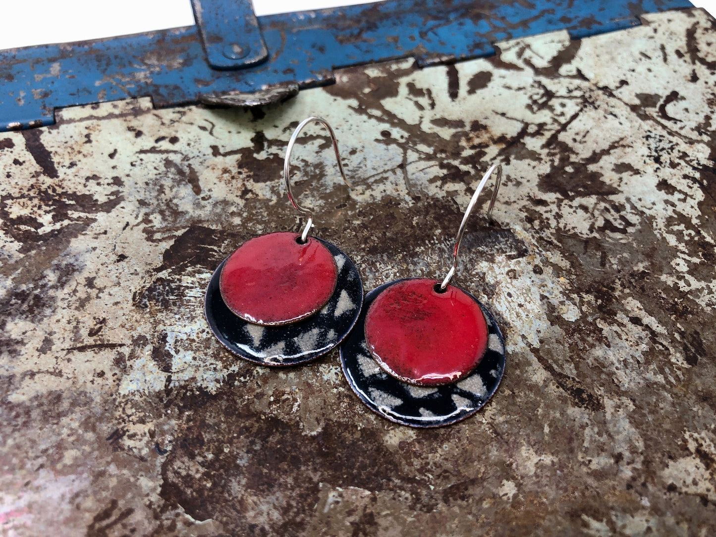 Red and Black Enameled Coin Earrings