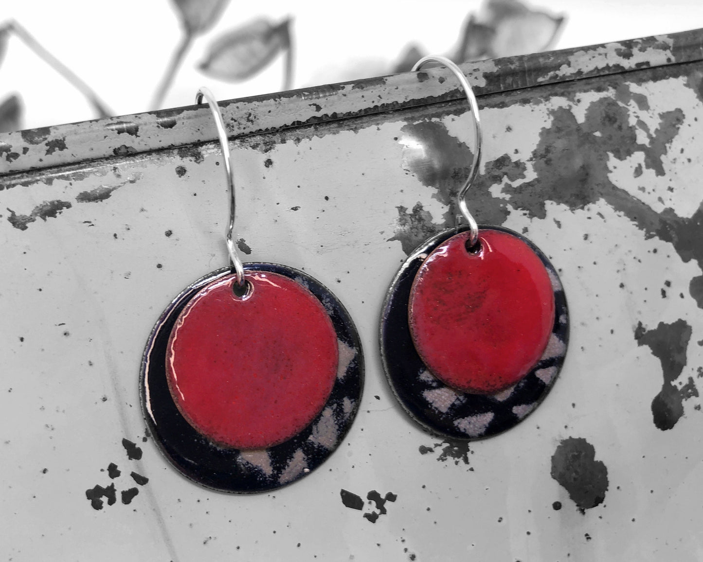 Red and Black Enameled Coin Earrings