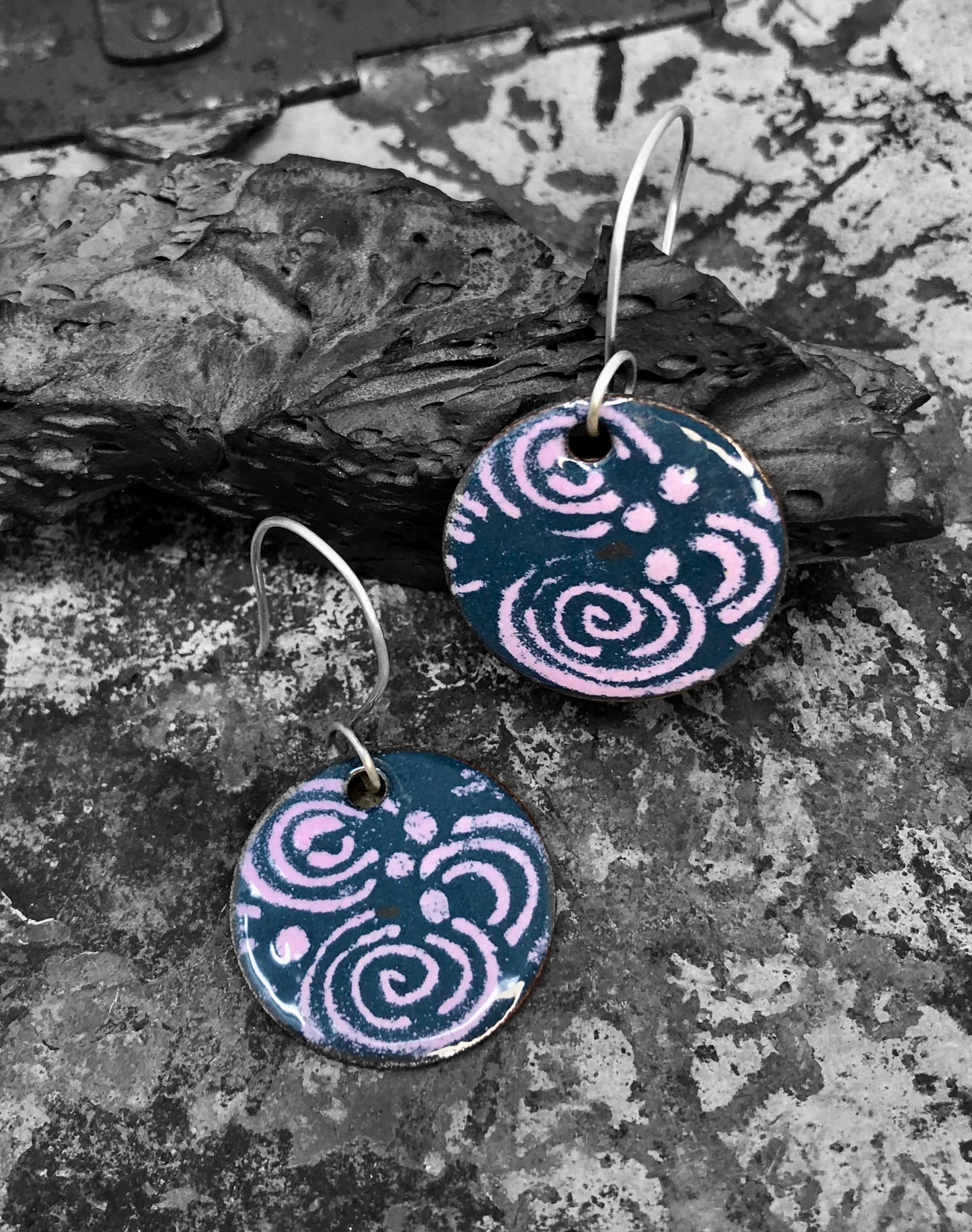 Peacock Blue and Pink Swirl Enameled Coin Earrings