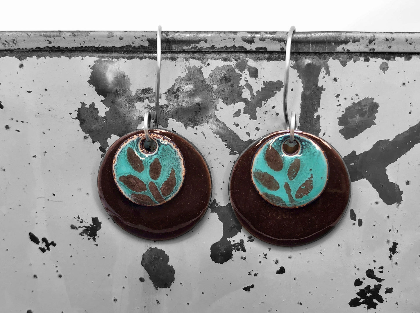 Turquoise and Brown Enameled Coin Earrings