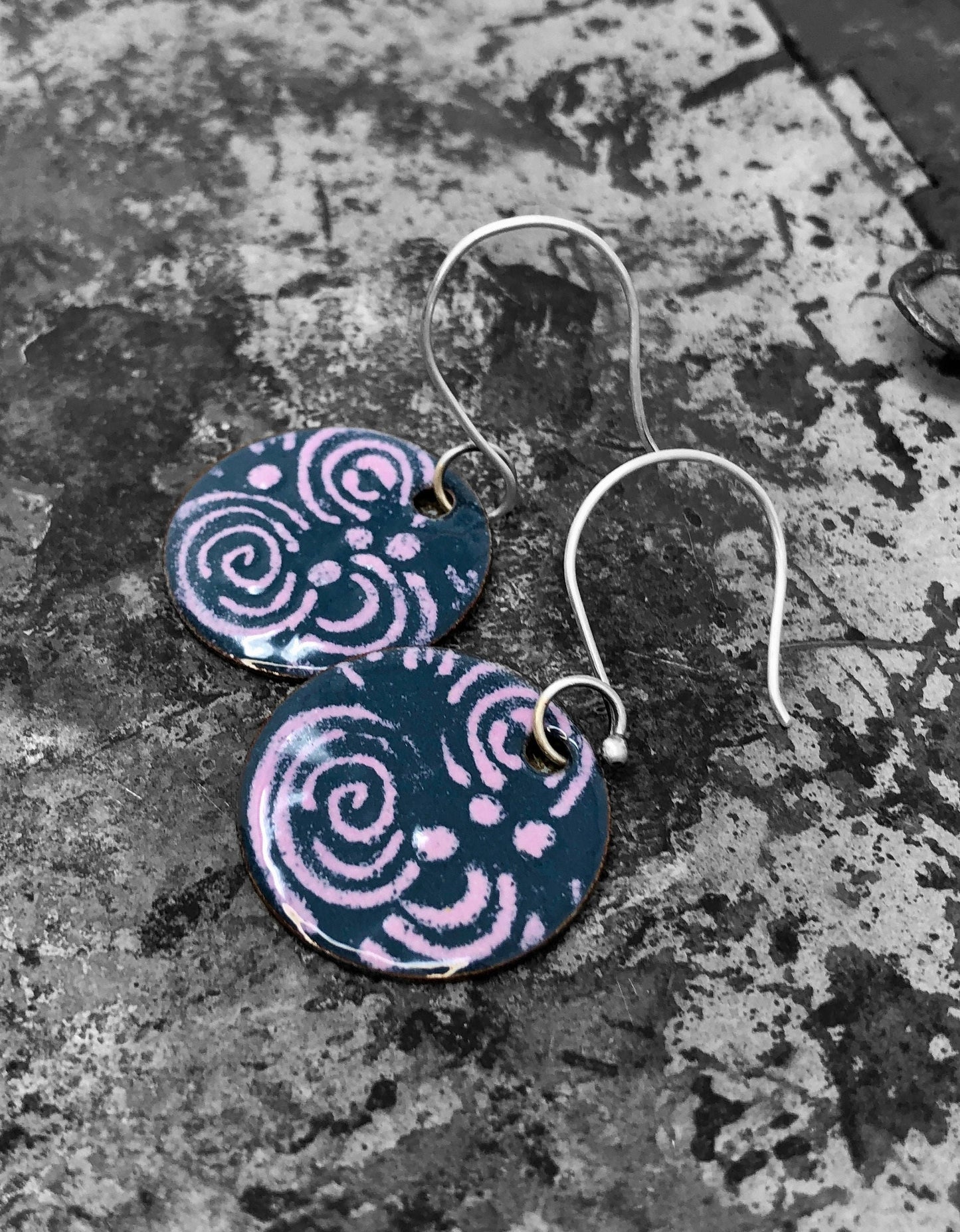 Peacock Blue and Pink Swirl Enameled Coin Earrings
