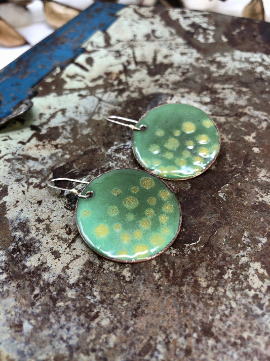 Green/Yellow Polka Dot Enameled Coin Earrings