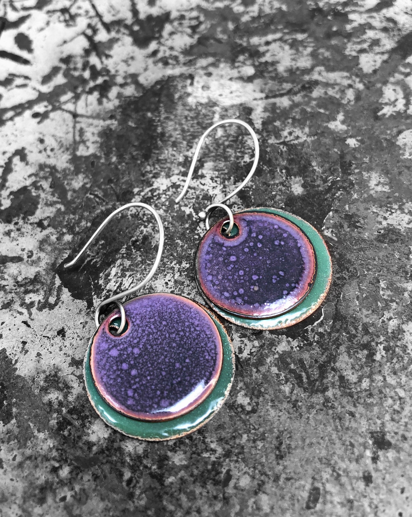 Lavender and Sage Enameled Coin Earrings