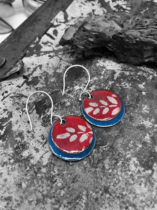Red and Blue Enameled Fern Design Coin Earrings