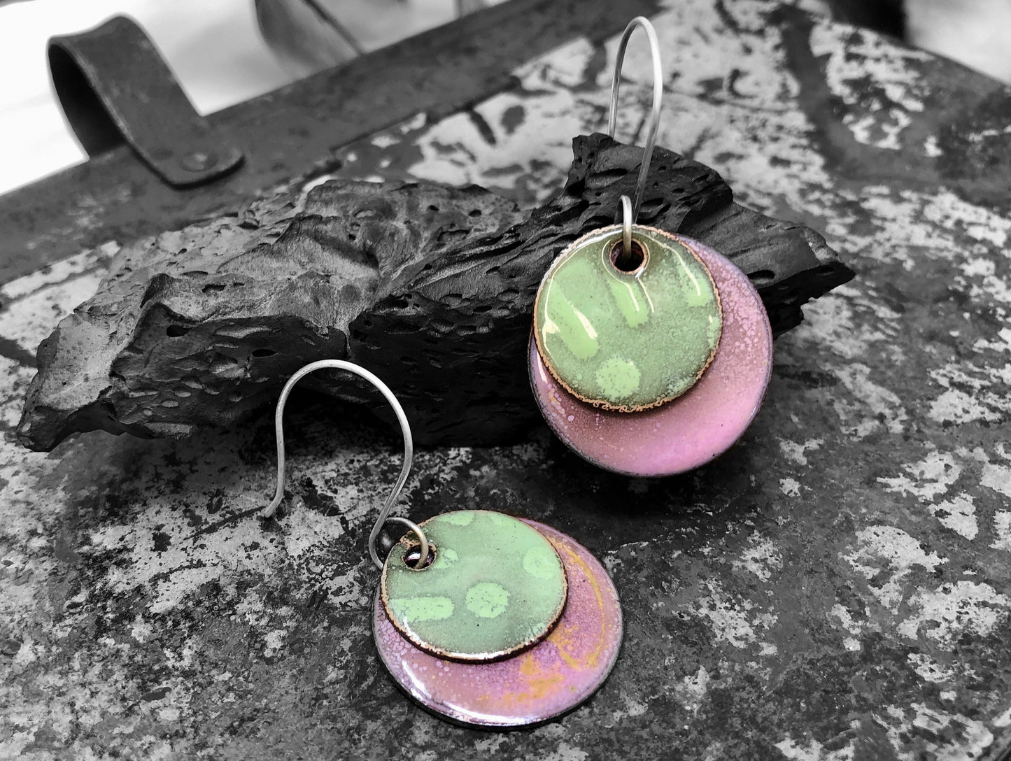 Pink and Sage Enameled Coin Earrings